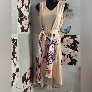 Beige Floral High-Low Dress with Belt